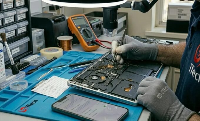 Coffee spilled on a MacBook keyboard being repaired at iTech Norwich