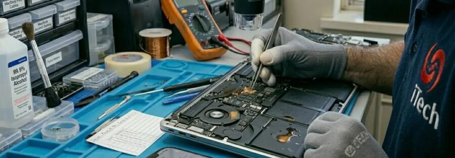 Coffee spilled on a MacBook keyboard being repaired at iTech Norwich