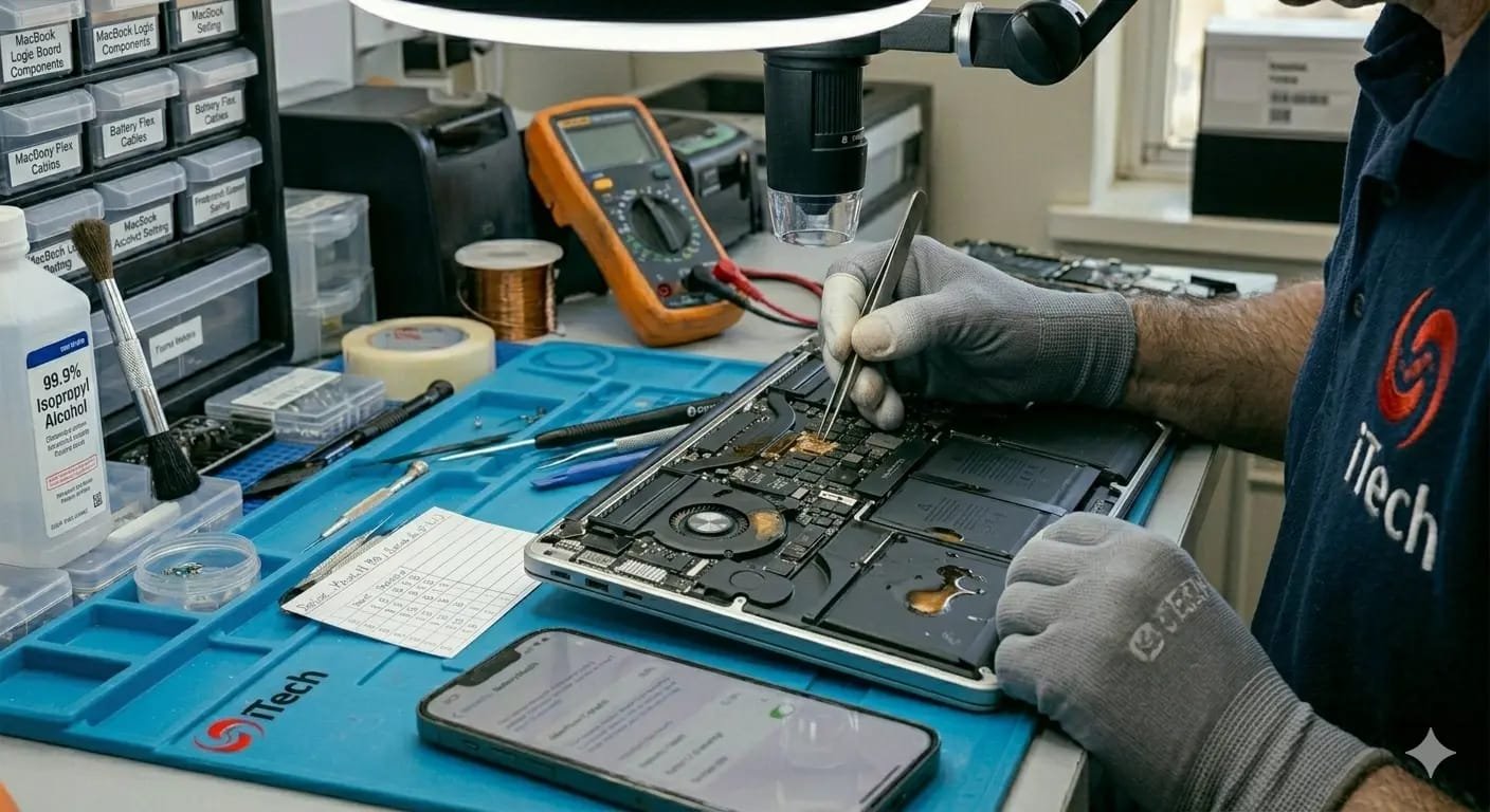 Coffee spilled on a MacBook keyboard being repaired at iTech Norwich